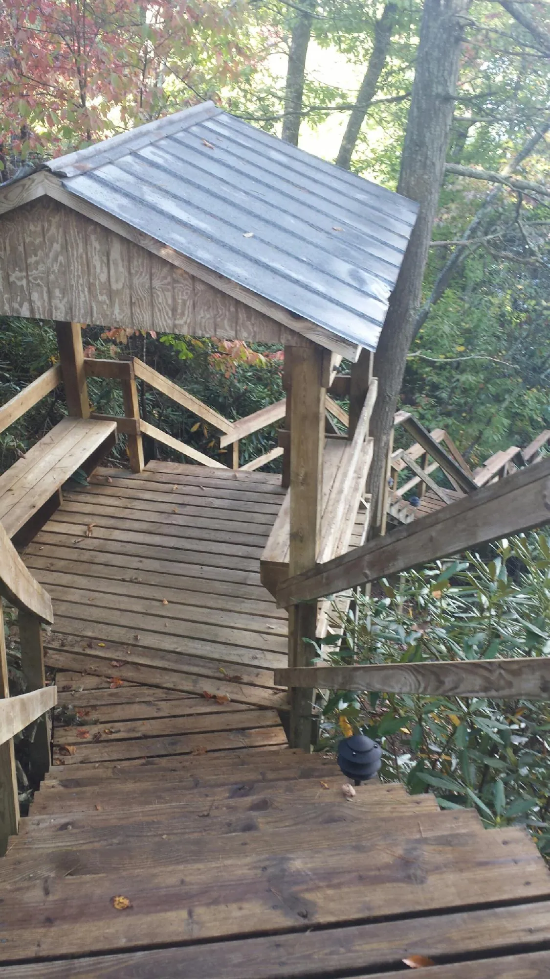 Metal roofed shelter over wooden steps on a wooded walkway — Skylight Repair & Installation work by our crew in Babson Park